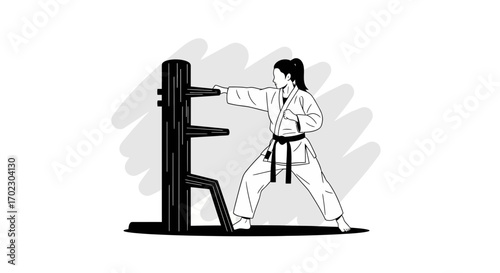 Karate woman training with a wooden dummy exercise illustration black and white