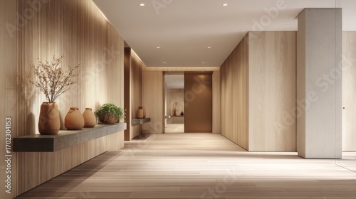 Modern Home Interior with Wood Paneling, Vases, and Plants for Contemporary Living Design