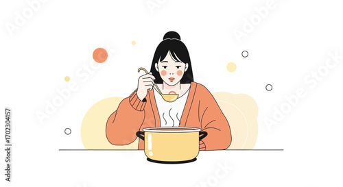 Illustration of a woman enjoying a meal, testing soup with a spoon, minimalist style