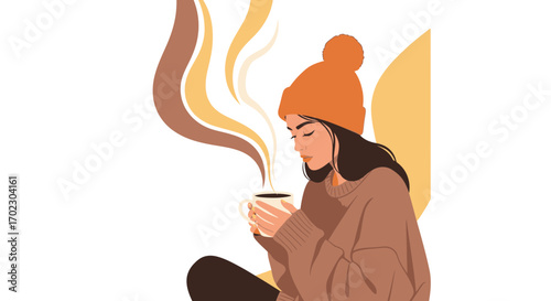 Illustration of a woman enjoying a hot drink in a cozy atmosphere during autumn