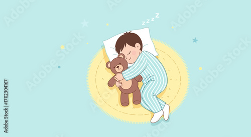 Kid Embracing Teddy Bear While Asleep Under Soft Sky, Sweet Dream, Comforting Teddy