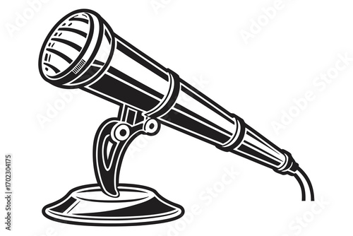 Vintage microphone on stand black and white illustration