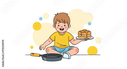 Kid enjoying pancakes with butter, vector illustration, breakfast concept and happy person