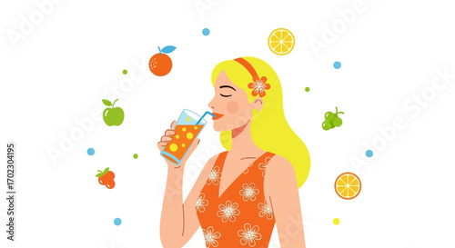 Illustration of a woman enjoying a refreshing juice with fresh fruits around vector