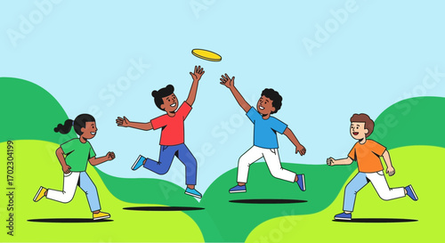 Kids playing frisbee in the park enjoying leisure time outdoor activity