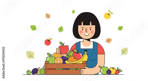 Illustration of a woman holding a crate full of fruits on a spring and summer background