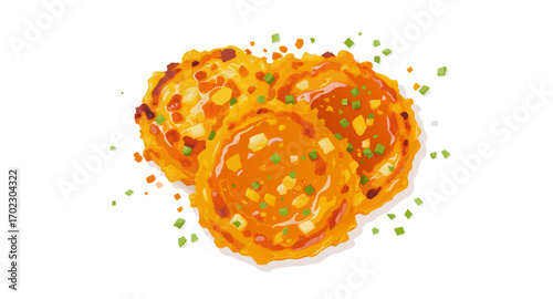 Delicious cheesy food with green toppings on white background.