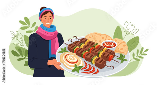 Illustration of a woman holding a plate of delicious grilled skewers with a side of hummus