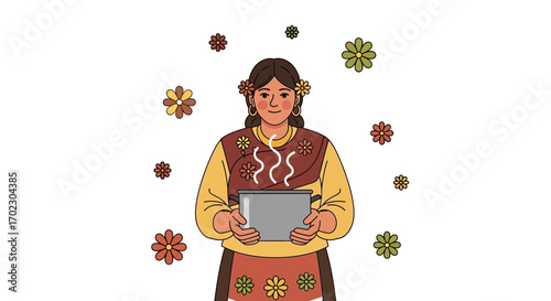 Illustration of a woman holding a pot of food with a floral theme, flat colorful design