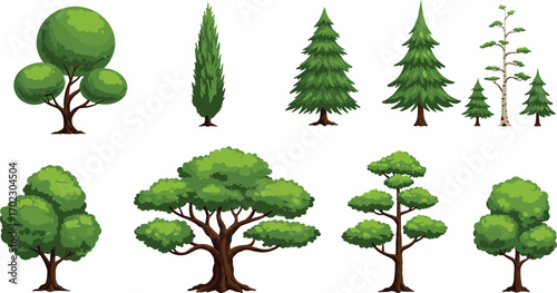 Illustration of various green trees in diverse shapes and sizes, including deciduous and coniferous types on white background.