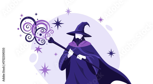 Magical Wizard Conjuring Mystical Orbs And Stars With Purple Tones On White Background