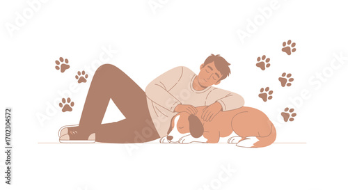 Loving Pet Owner Cuddling With His Dog Illustrating Warmth And Togetherness Moments