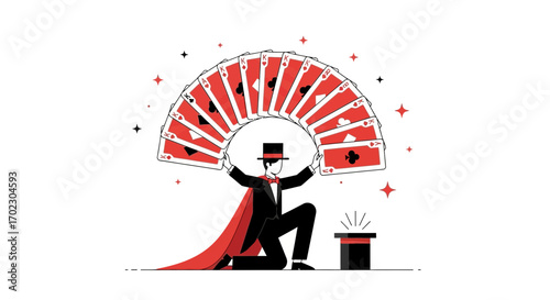 Magician performing a card trick with a hat and red cape illustration