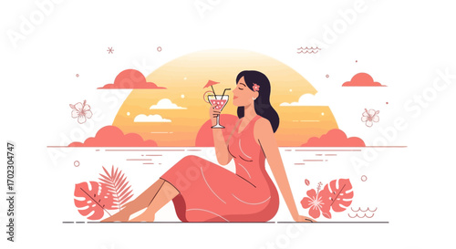 Illustration of a woman on vacation enjoying a cocktail on a sunset beach