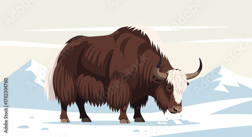 Magnificent Yak Depicted Standing Gracefully Amidst Snowy Mountainous Landscape