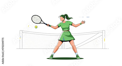 Illustration of a Woman Playing Tennis on a Court with Racket and Ball