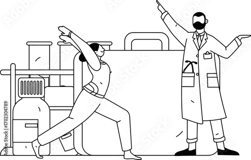 Promoting wellness in healthcare settings with a doctor advising a yoga pose, advocating for stress relief and holistic health, a modern approach to patient well being and preventative medicine