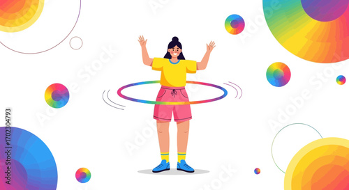 Illustration of a woman playing with a hula hoop with vibrant rainbow colors and design