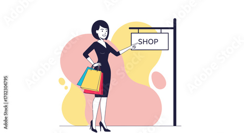 Illustration of a woman pointing at a shop sign with shopping bags in hand