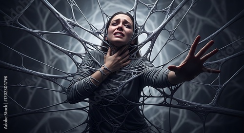 Woman trapped in a web of fear and despair, reaching out.