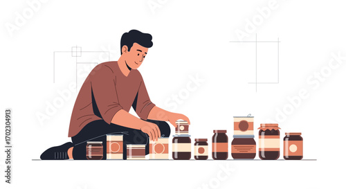 Man Arranges Preserved Food Items On Isolated Background With Clean Lines And Aesthetic Visuals