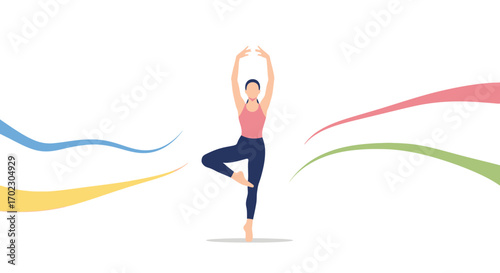 Illustration of a woman practicing yoga in a balanced pose with curvy decorations