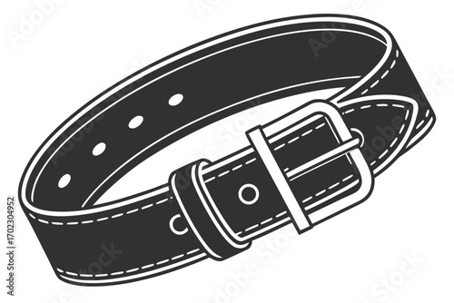 Black leather belt with metal buckle and stitching on white background