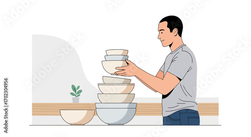 Man Arranges Stack Of Bowls Carefully And Efficiently In His Kitchen After Using Them