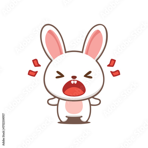 An angry cartoon rabbit expressing frustration. It has a wide-open mouth showing teeth and red marks around its head indicating it is upset