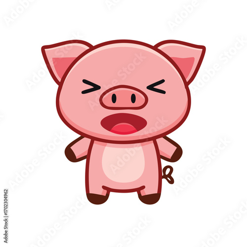 A cute cartoon pig with a funny face and open mouth, looking angry or surprised