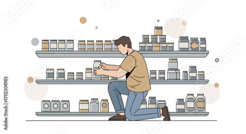 Man arranging jars on shelves in a store with organized products for sale.