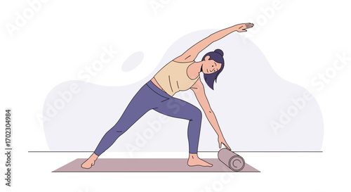 Illustration of a woman practicing yoga with a side stretch pose on a mat