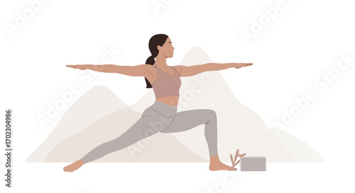 Illustration of a woman practicing yoga warrior pose with blocks in landscape
