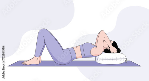 Illustration of a woman practicing yoga with a pillow in a relaxing pose