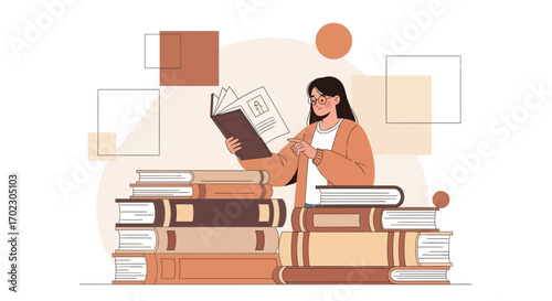 Illustration of a woman reading over a pile of books enjoying her free time