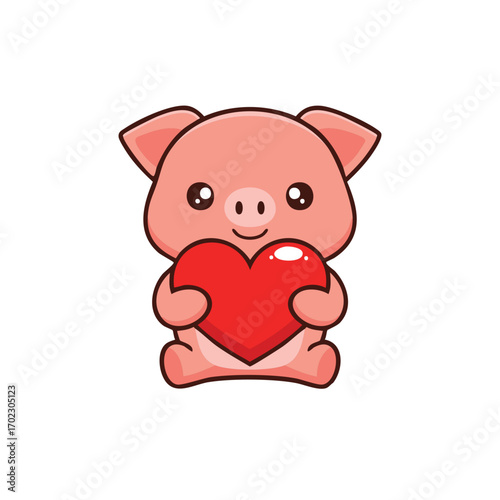 Cute pig holding a red heart, expressing love and affection