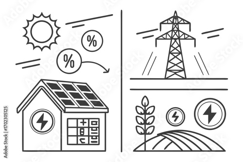 Sustainable energy sources and power generation icons