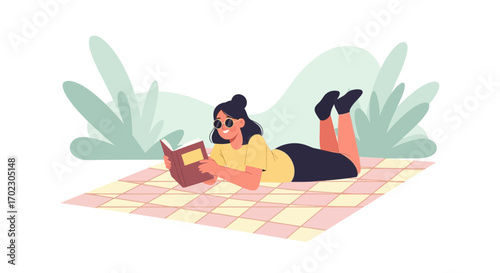Illustration of a woman reading a book in a park, enjoying leisure time and relaxation