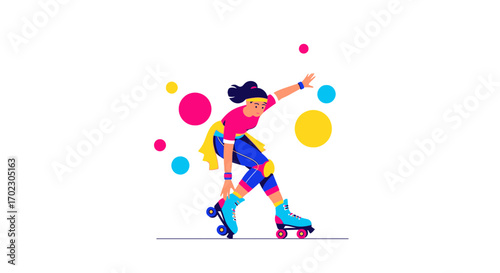 Illustration of a woman roller skating in a vibrant retro style with colorful circular elements