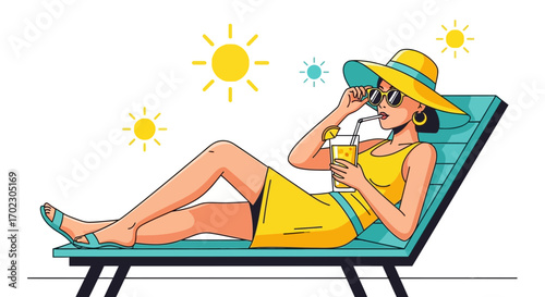 Illustration of a woman relaxing on a deckchair and drinking a summer cocktail
