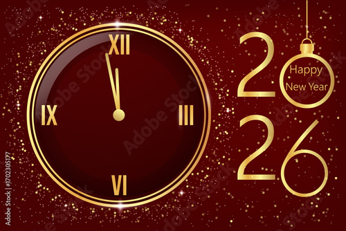 Simple illustration of a clock at midnight with "2026" and "Happy New Year" text, accented with glitter, on a red background. Ideal for New Year celebrations.