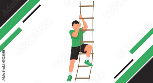 Man Climbing Rope Ladder Illustrative Graphic On A White Minimalist Background