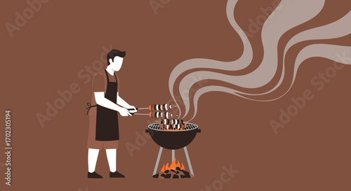 Man Conducting a Barbecue, Cooking Meat on a Grill with Smoke and Fire on a Brown Background