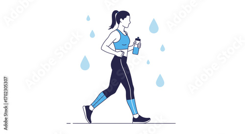 Illustration of a woman running while holding a water bottle for fitness activities