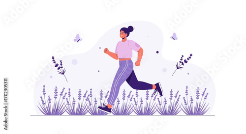 Illustration of a woman running through the lavender field, promoting healthy living