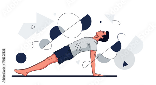 Man doing yoga plank pose, geometric design and vector graphic illustration