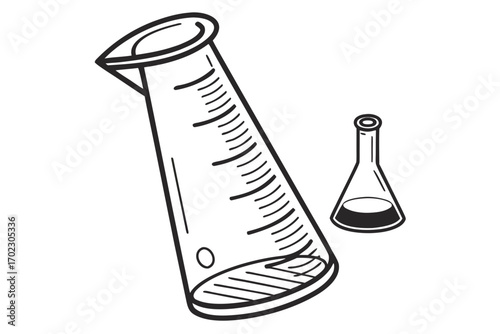Hand drawn illustration of laboratory glassware including a graduated cylinder and an erlenmeyer flask