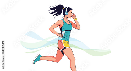 Illustration of a woman running with headphones and water bottle on white background
