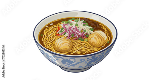 Traditional Asian noodle soup with fish balls and vegetables.