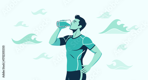 Man drinking water to hydrate in the sea with stylized artistic waves illustration